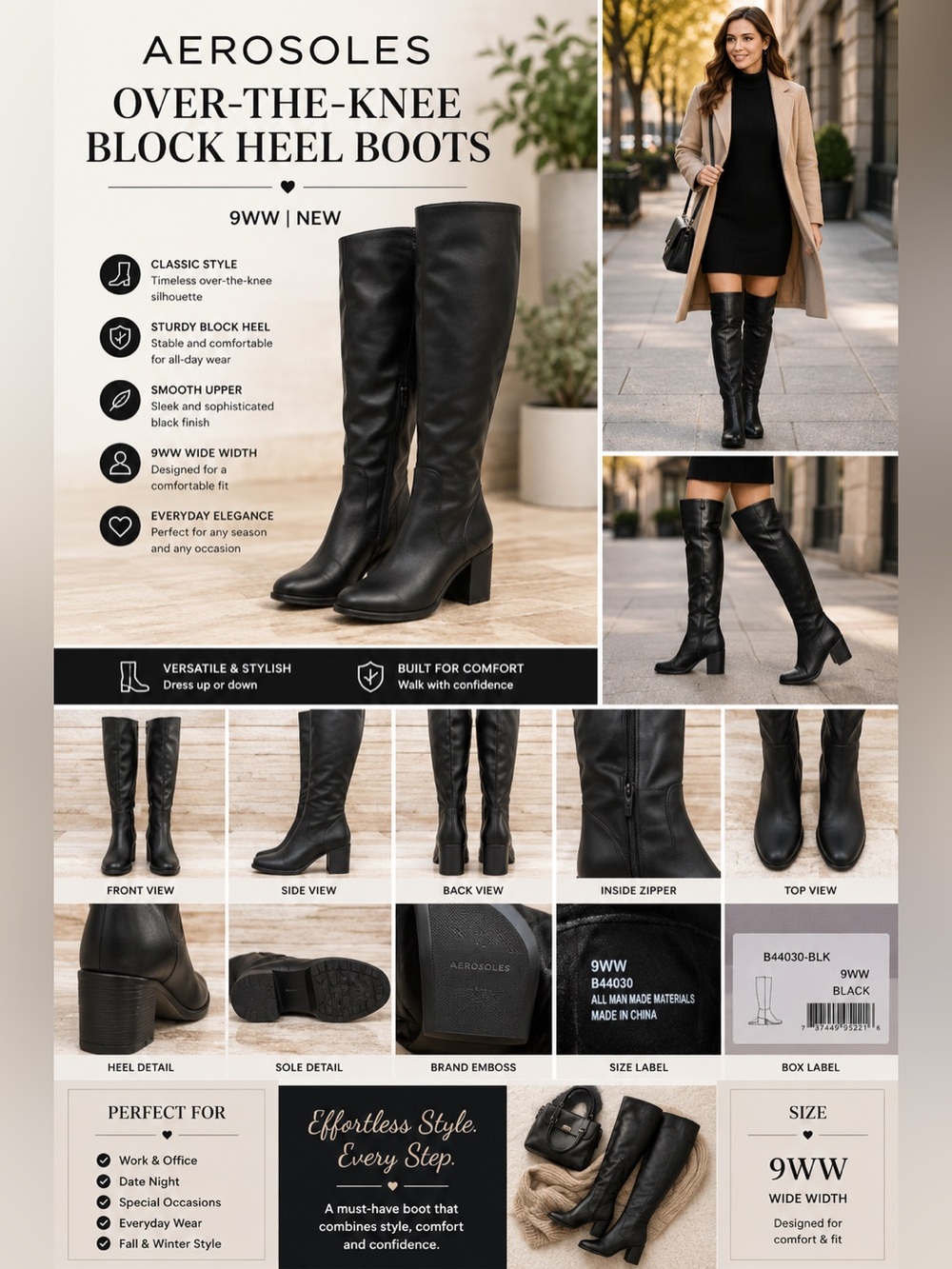 AEROSOLES‎ Black Over-the-Knee Block Heel Boots 9WW NEW